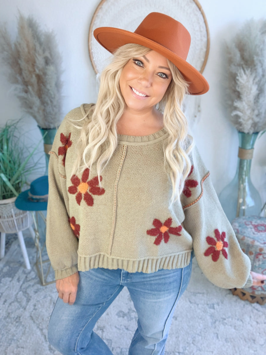 Wild Flower Knit SweaterOlive bohoandgraceboutique