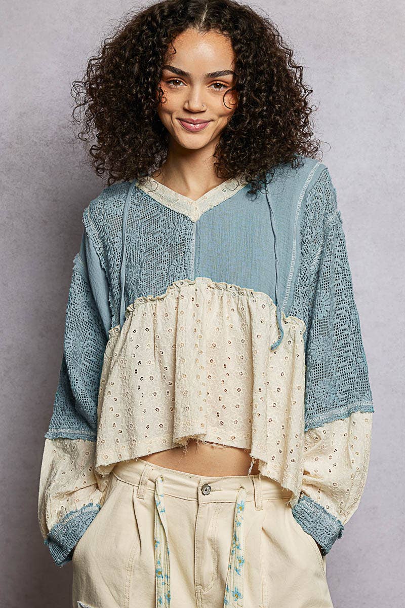 Eyelet Patch Crochet Woven Hoodie Top by POL