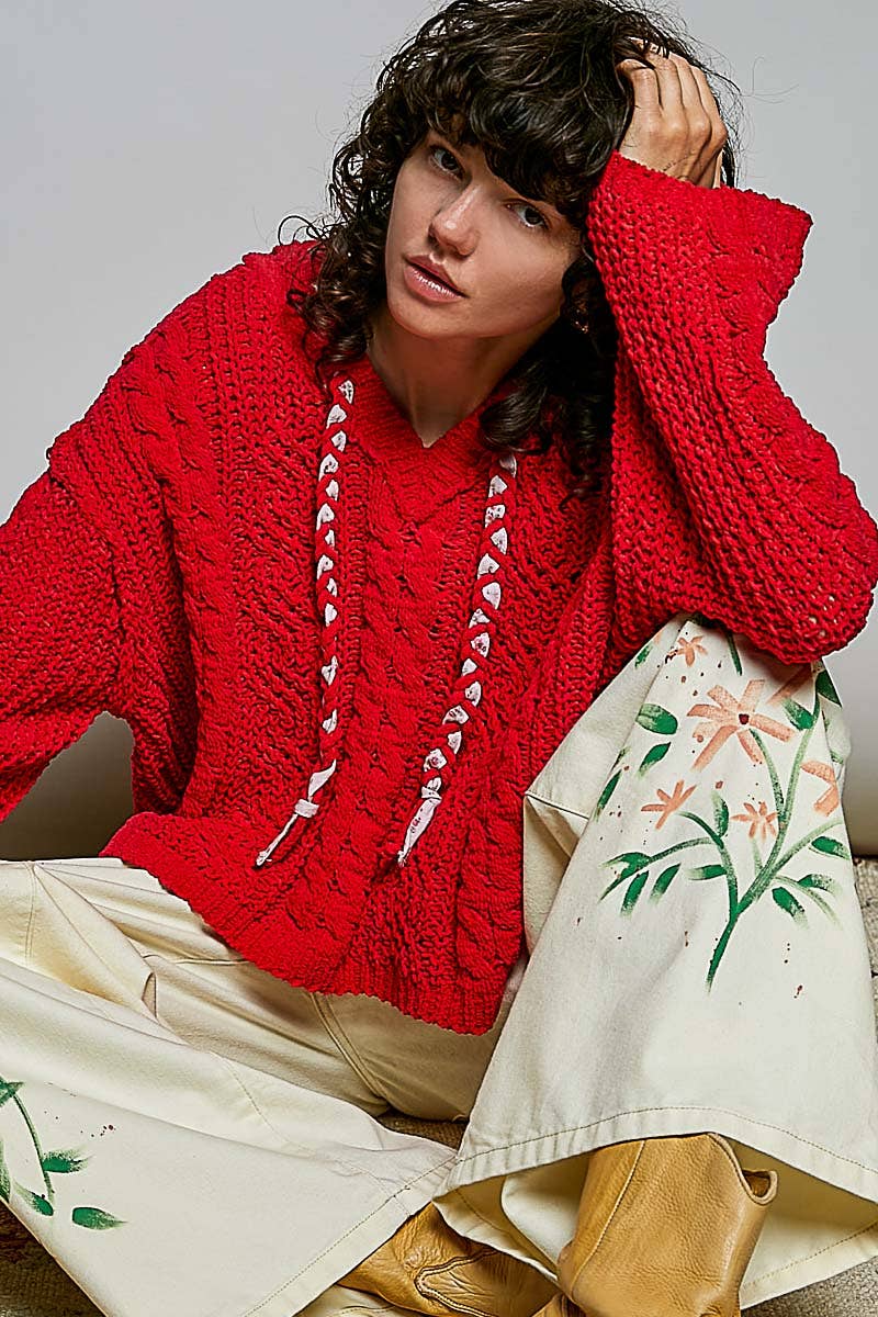 Hooded Cable Knit Chenille Sweater by POL