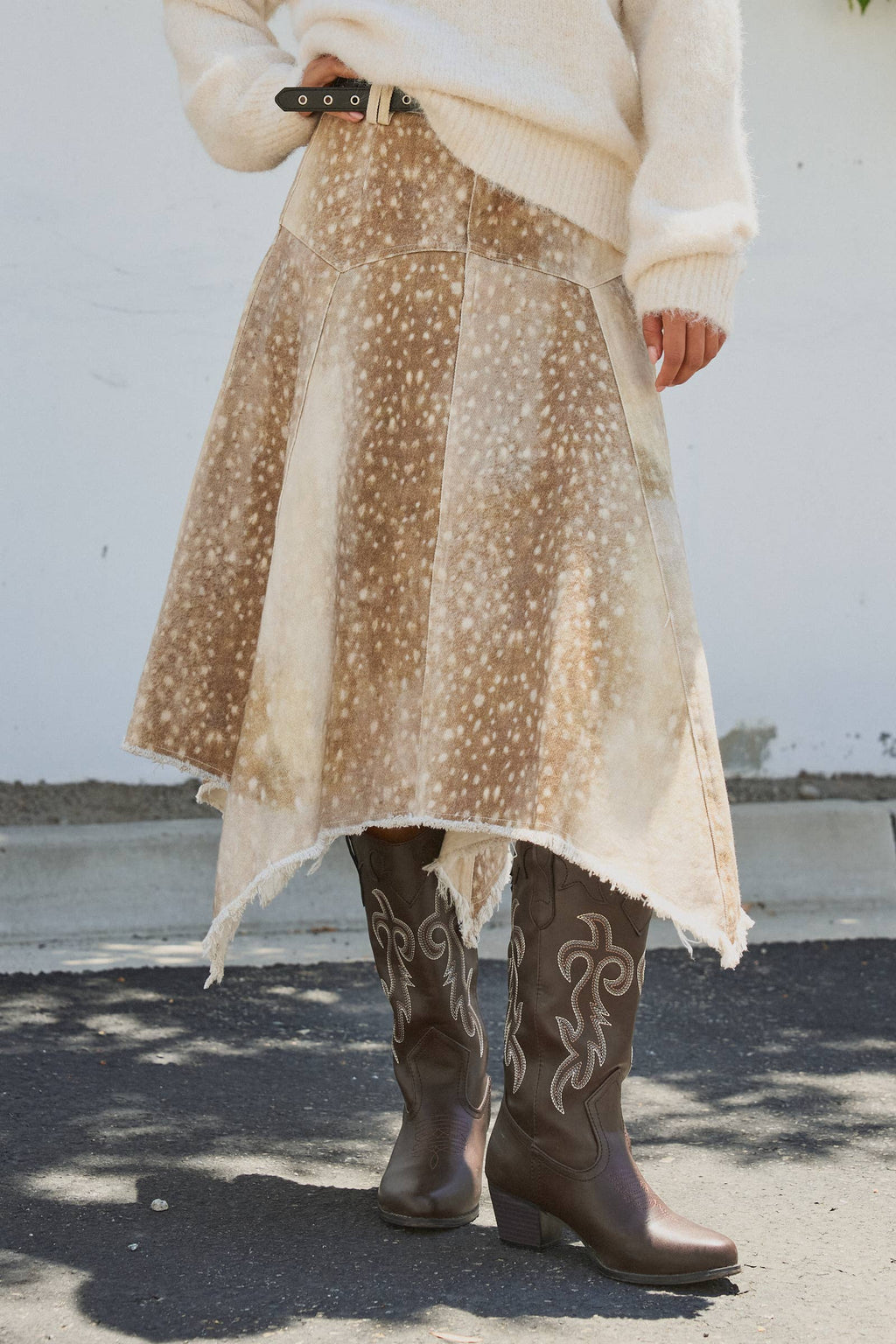 Fawn Print Denim Hi-Low Maxi Skirt With Belt