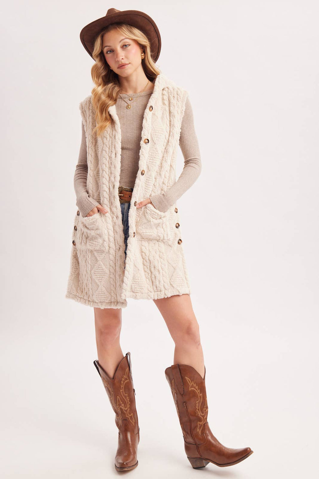 BOUCLE CABLE KNIT SWEATER HOODED VEST