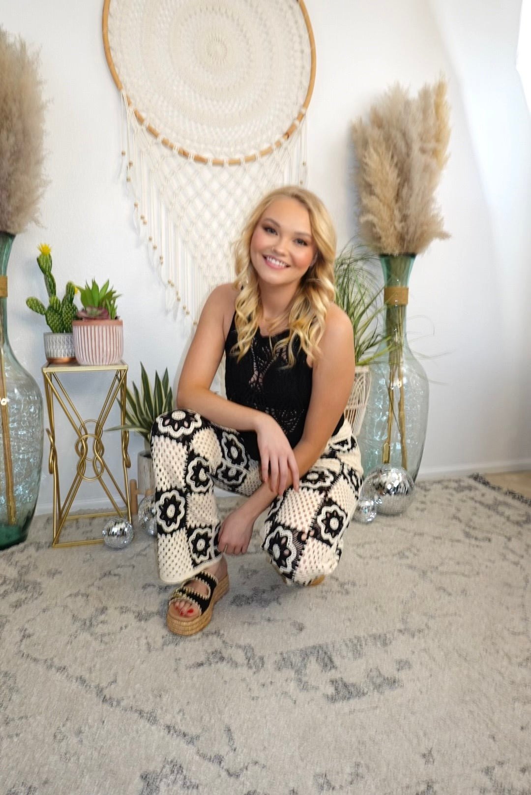 Floral Groove Crochet Pants-Black