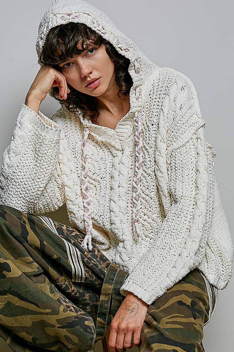 Hooded Cable Knit Chenille Sweater by POL