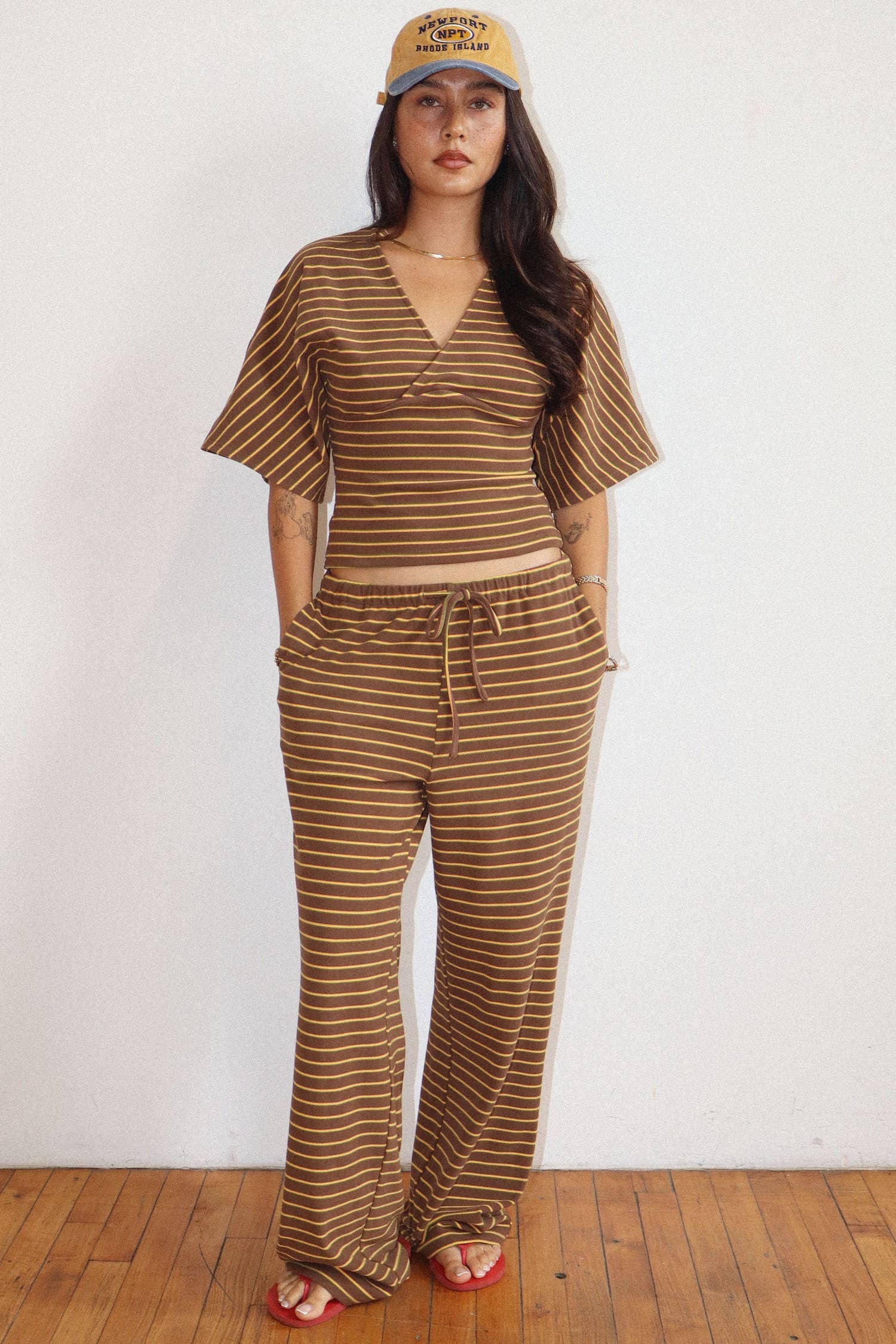 Mocha Striped Drawstring Wide Leg Pants