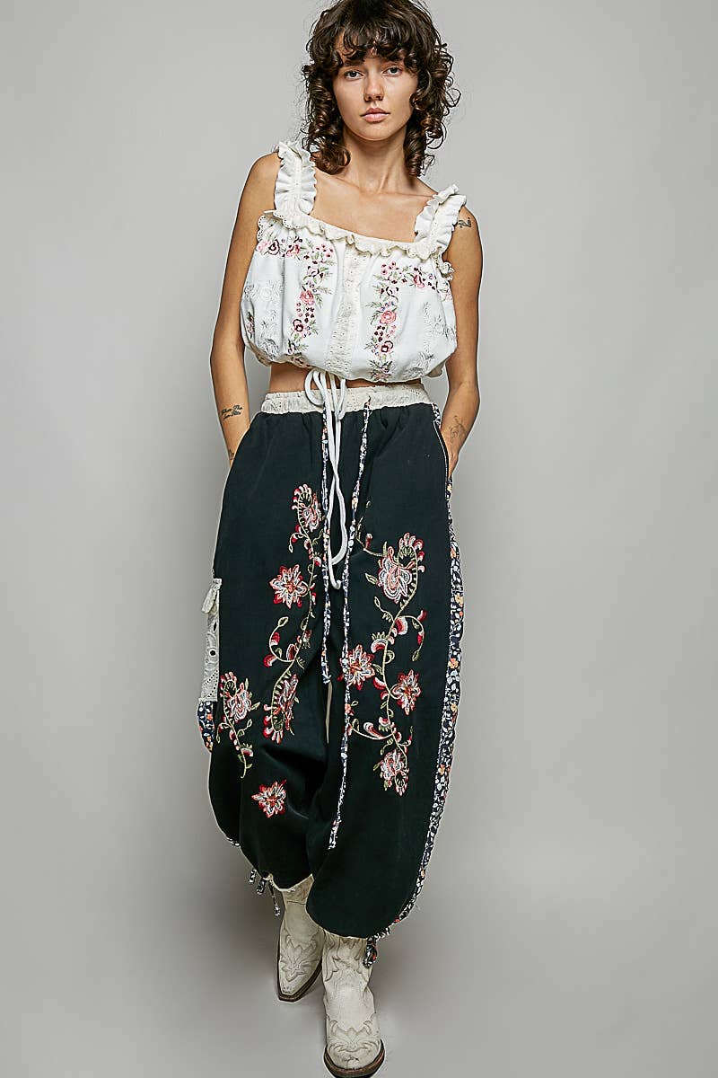 Floral Embroidery Patch Jogger Pants by POL