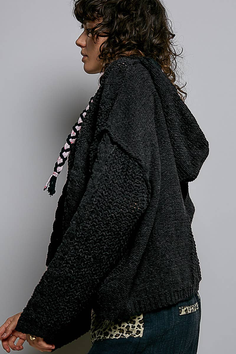 Hooded Cable Knit Chenille Sweater by POL