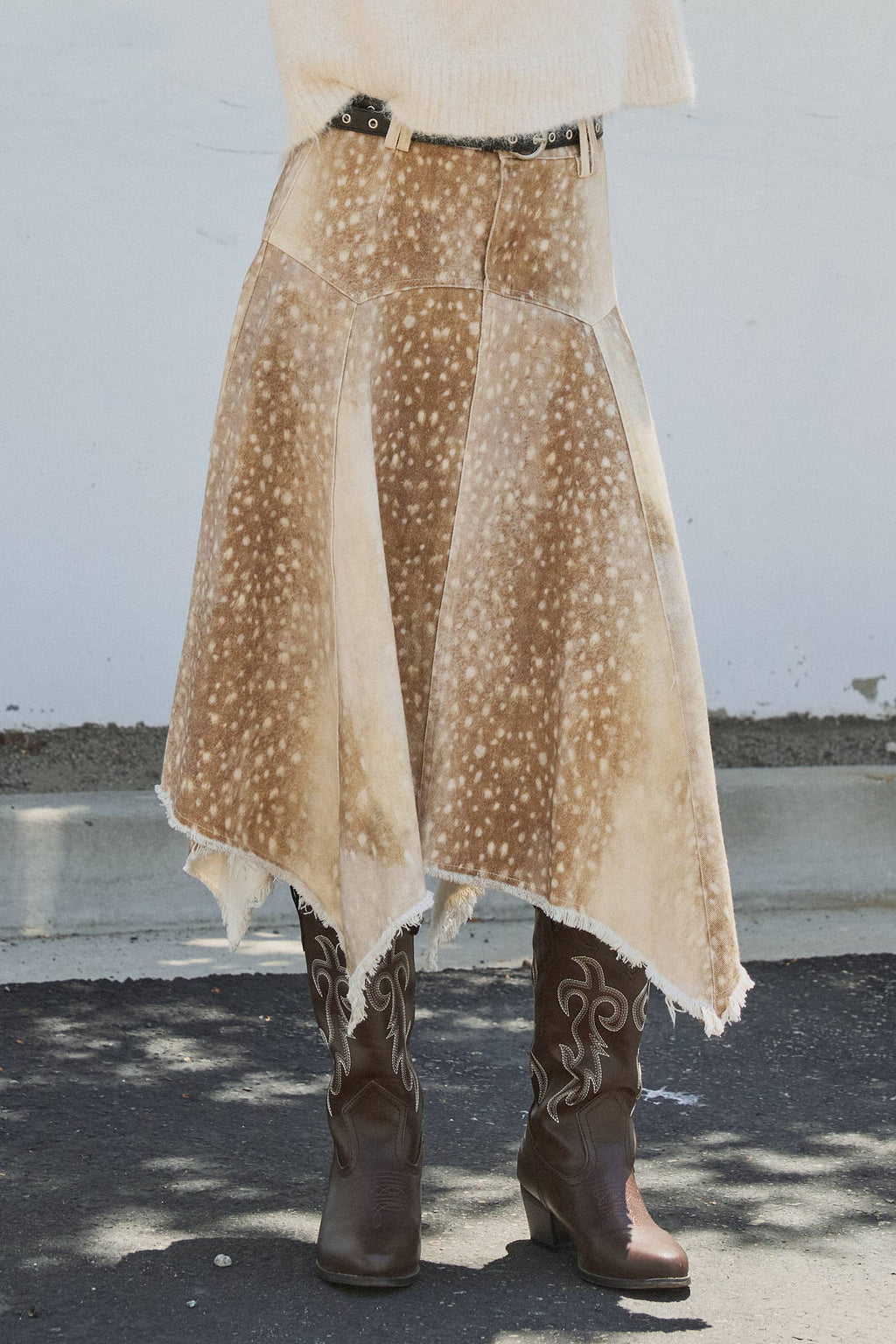 Fawn Print Denim Hi-Low Maxi Skirt With Belt