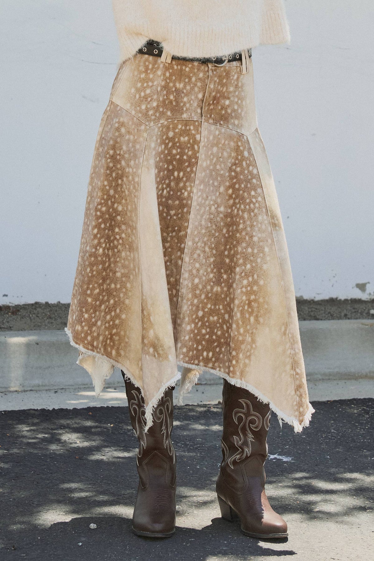 Fawn Print Denim Hi-Low Maxi Skirt With Belt