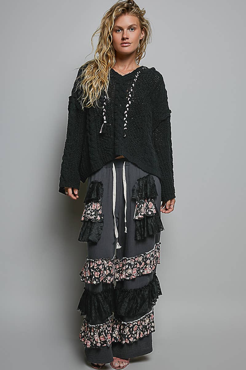 Hooded Cable Knit Chenille Sweater by POL