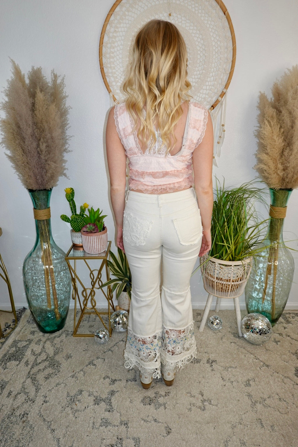 Graceful Lace Flare Jeans-Cream