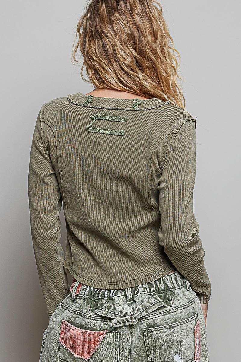 Vintage Washed Embroidered Henley by POL