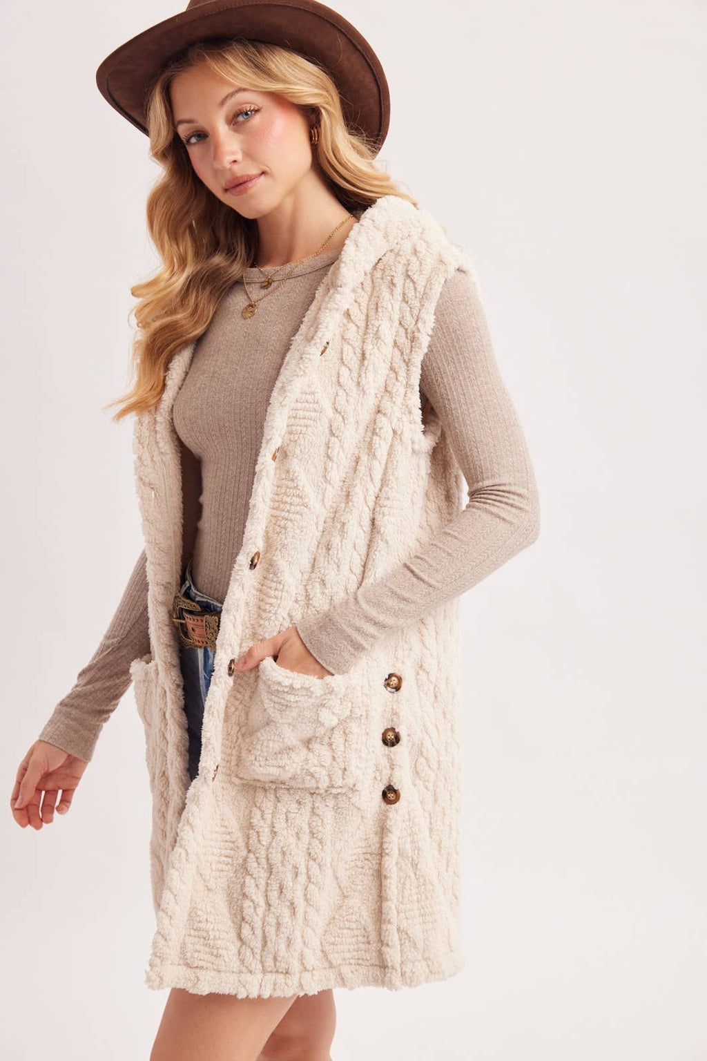 BOUCLE CABLE KNIT SWEATER HOODED VEST