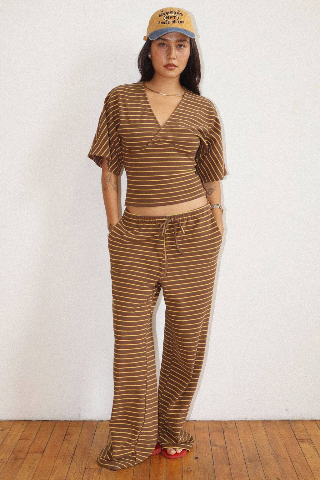 Mocha Striped Drawstring Wide Leg Pants