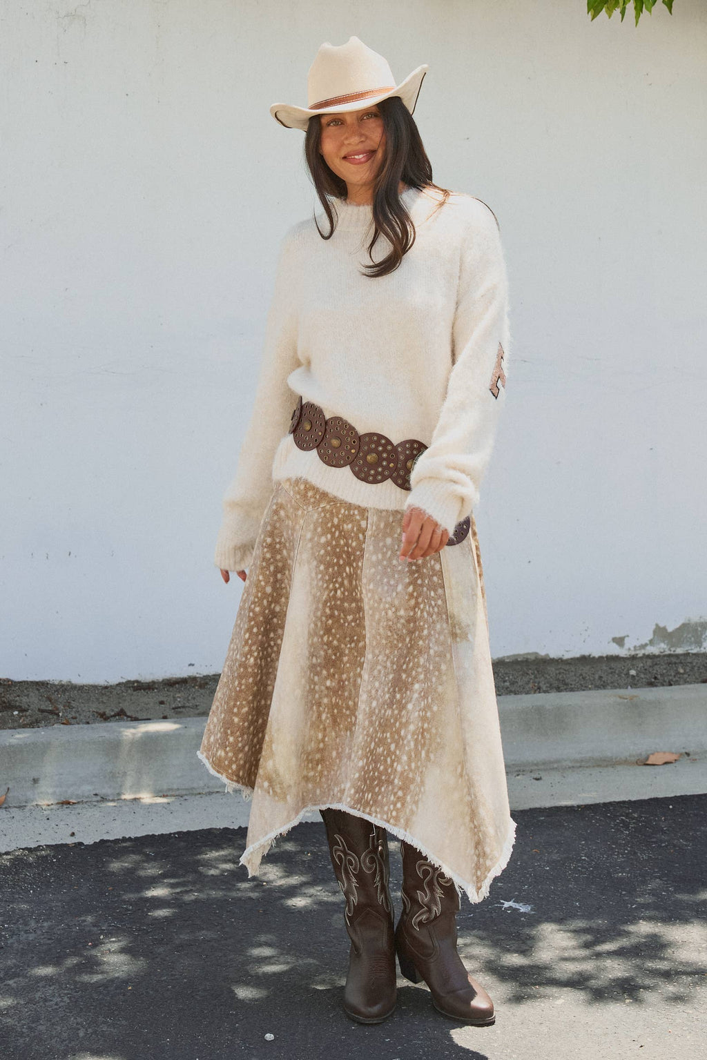 Fawn Print Denim Hi-Low Maxi Skirt With Belt