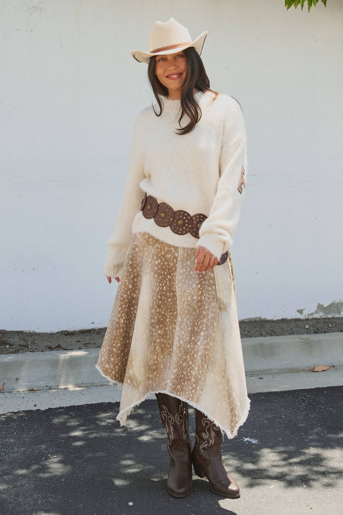 Fawn Print Denim Hi-Low Maxi Skirt With Belt