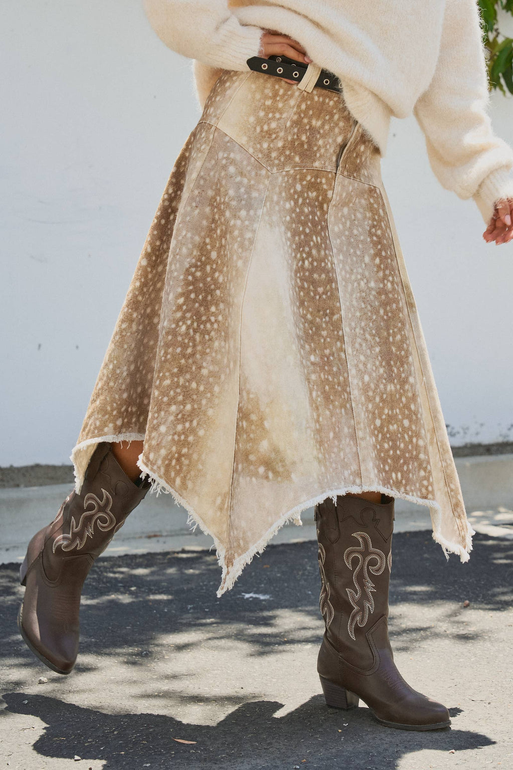 Fawn Print Denim Hi-Low Maxi Skirt With Belt