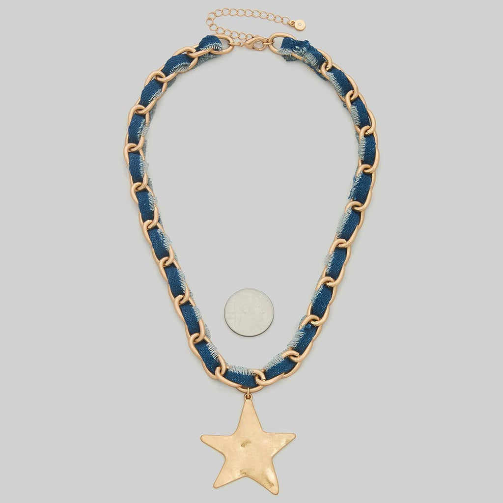 HAMMERED STAR PENDANT DENIM FABRIC NECKLACE