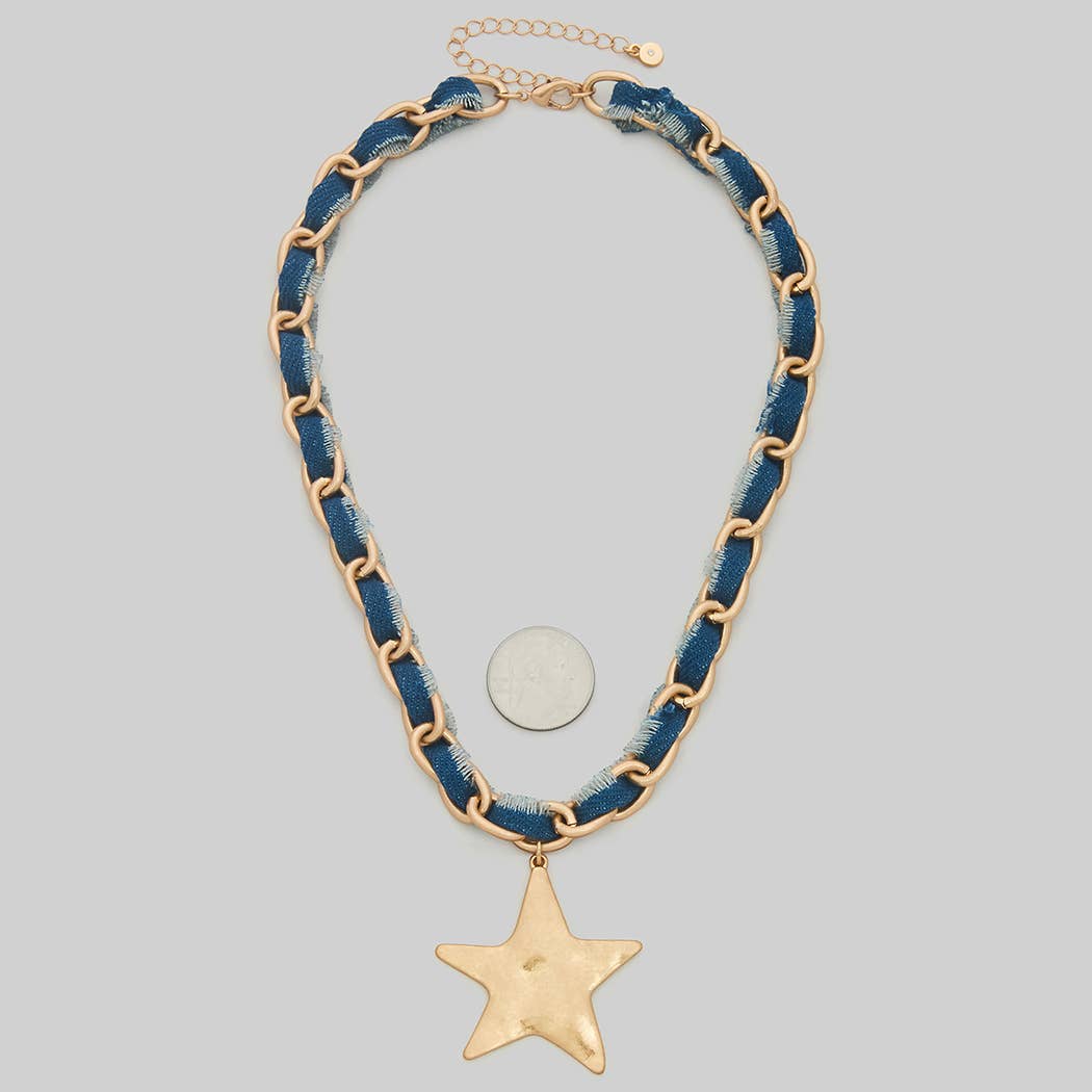 HAMMERED STAR PENDANT DENIM FABRIC NECKLACE