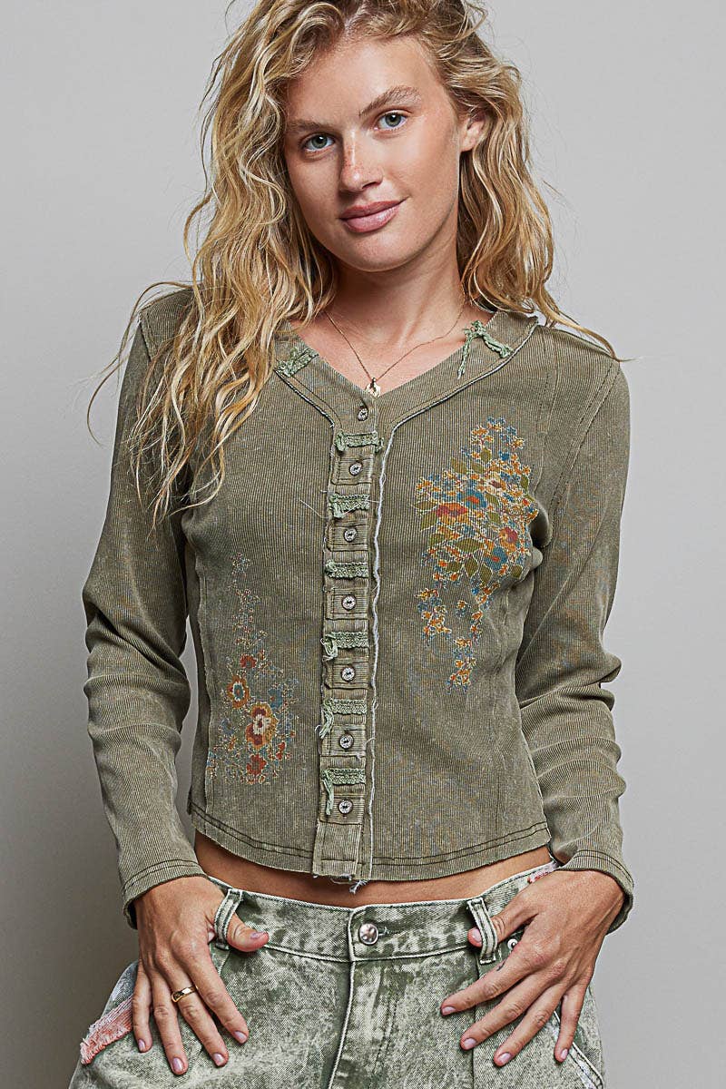Vintage Washed Embroidered Henley by POL