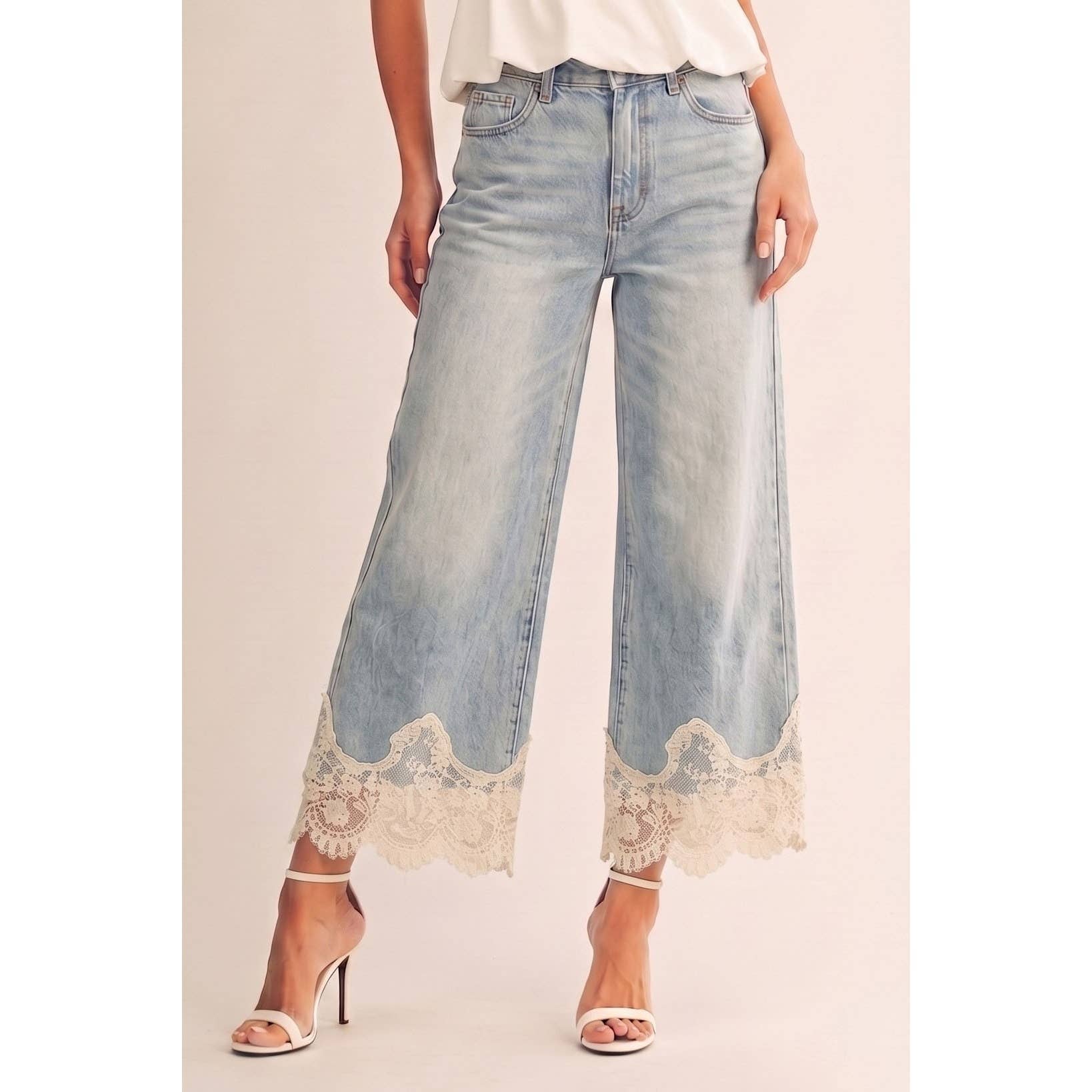 Lace Hem Vintage Washed Wide Leg Denim Pants