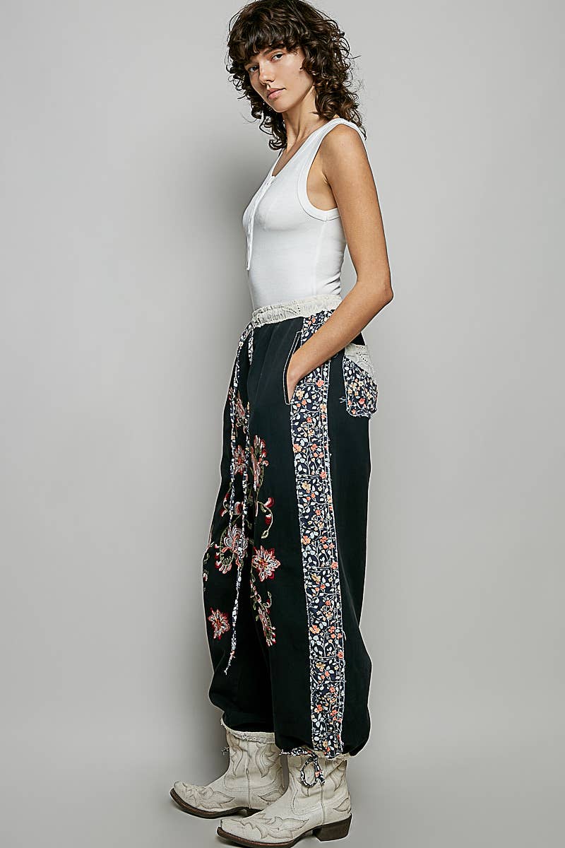 Floral Embroidery Patch Jogger Pants by POL