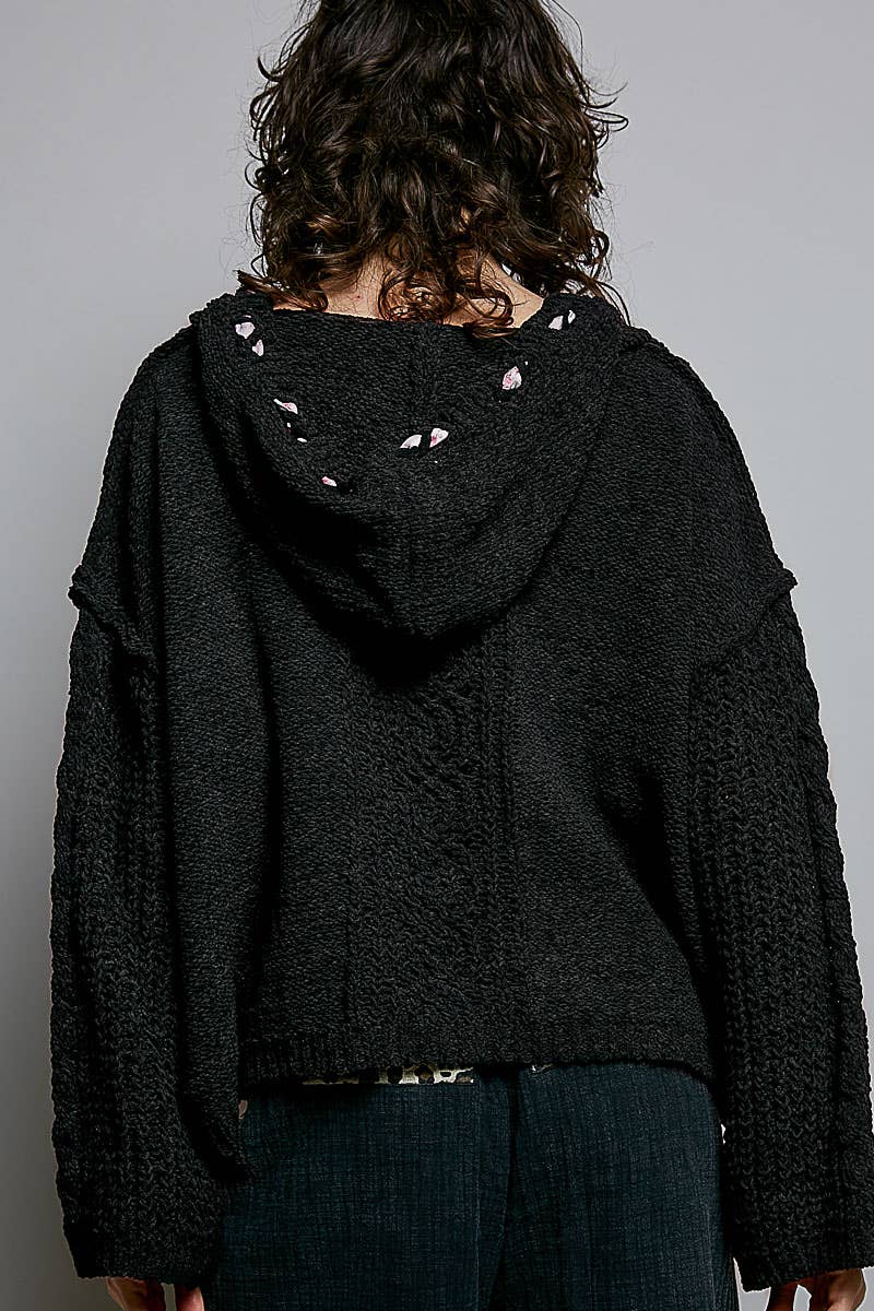 Hooded Cable Knit Chenille Sweater by POL
