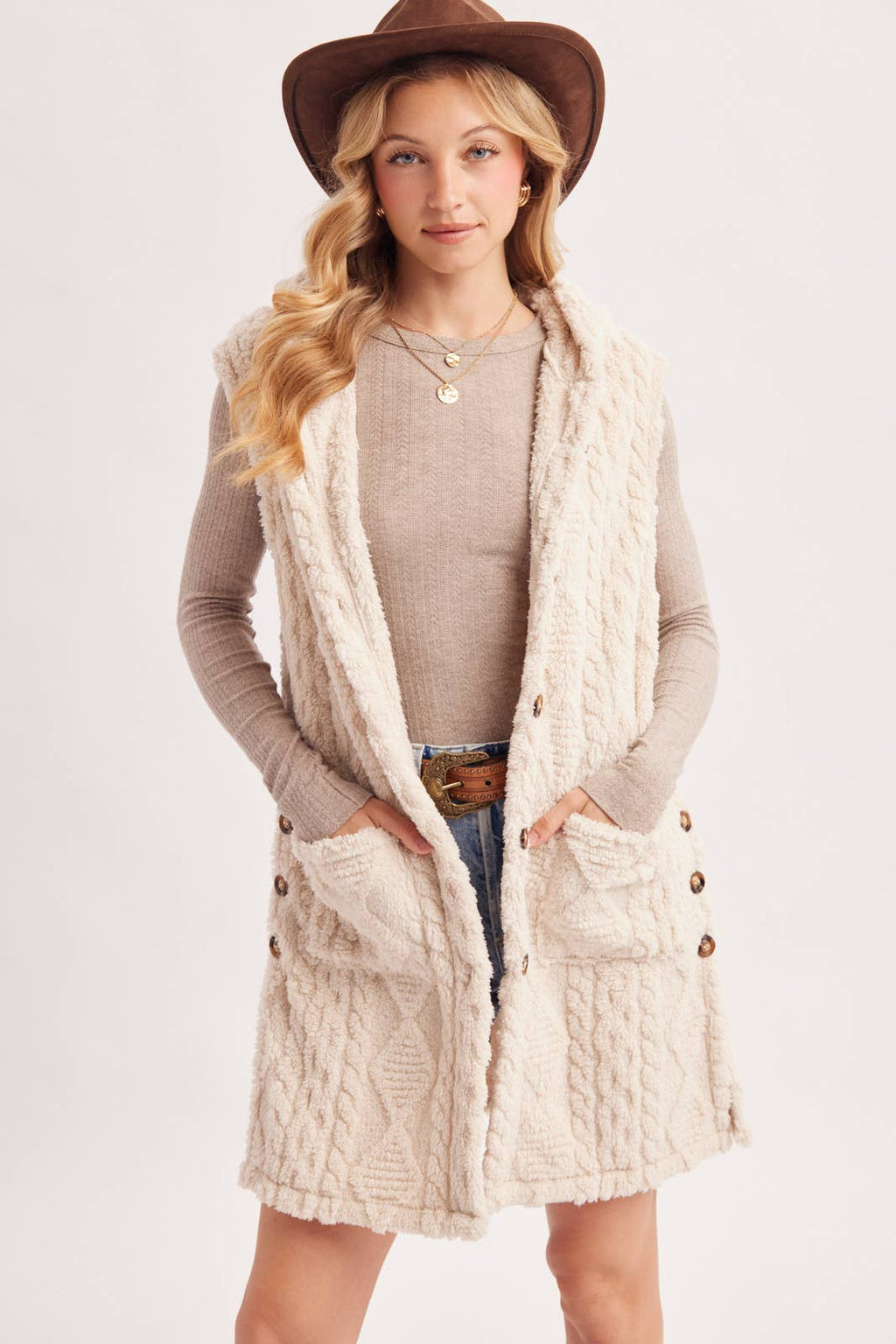 BOUCLE CABLE KNIT SWEATER HOODED VEST