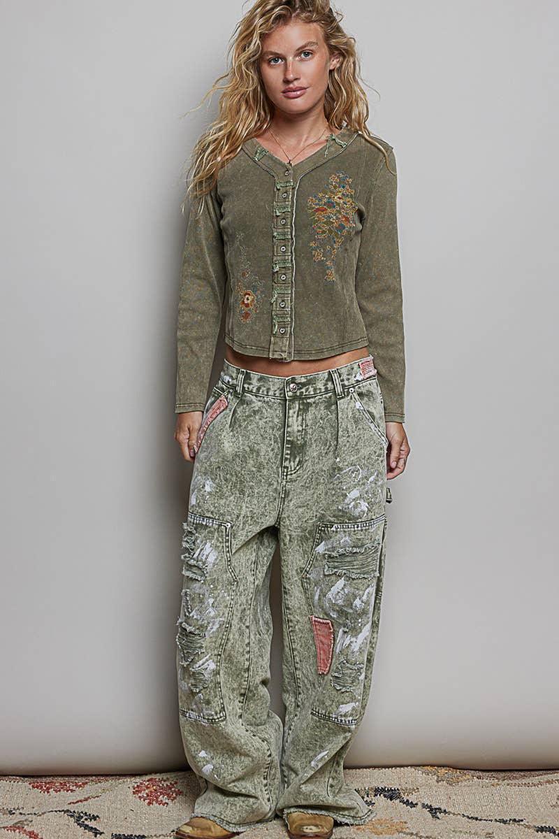 Vintage Washed Embroidered Henley by POL