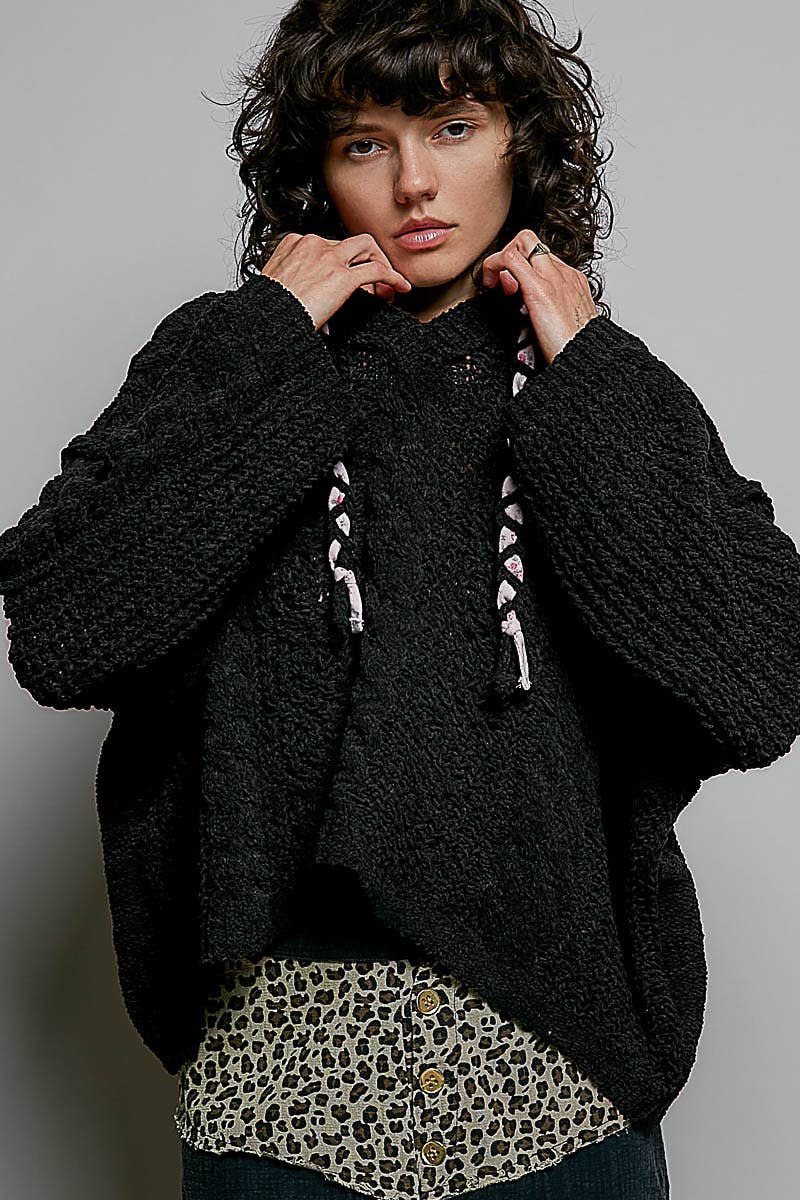 Hooded Cable Knit Chenille Sweater by POL