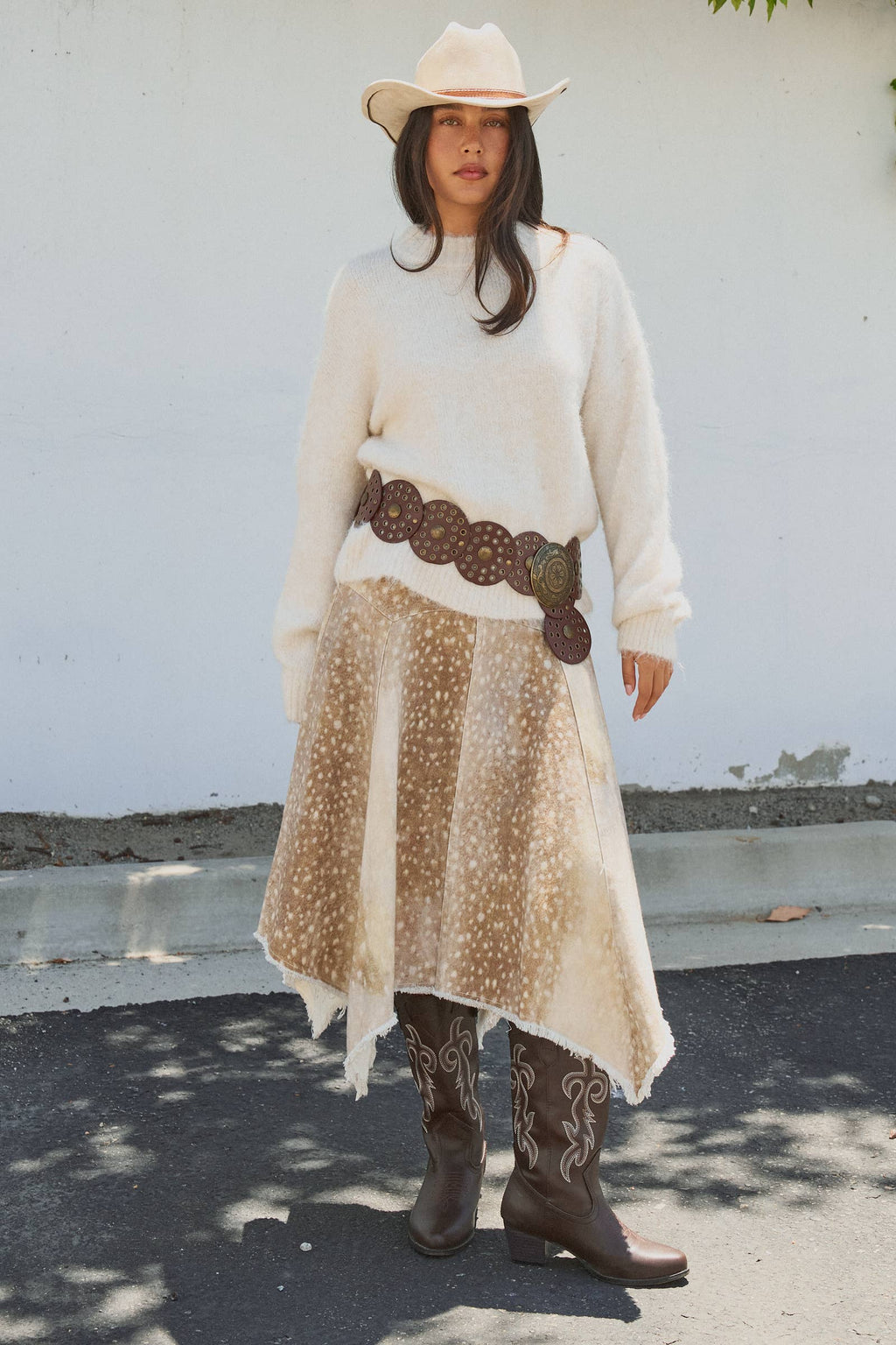 Fawn Print Denim Hi-Low Maxi Skirt With Belt