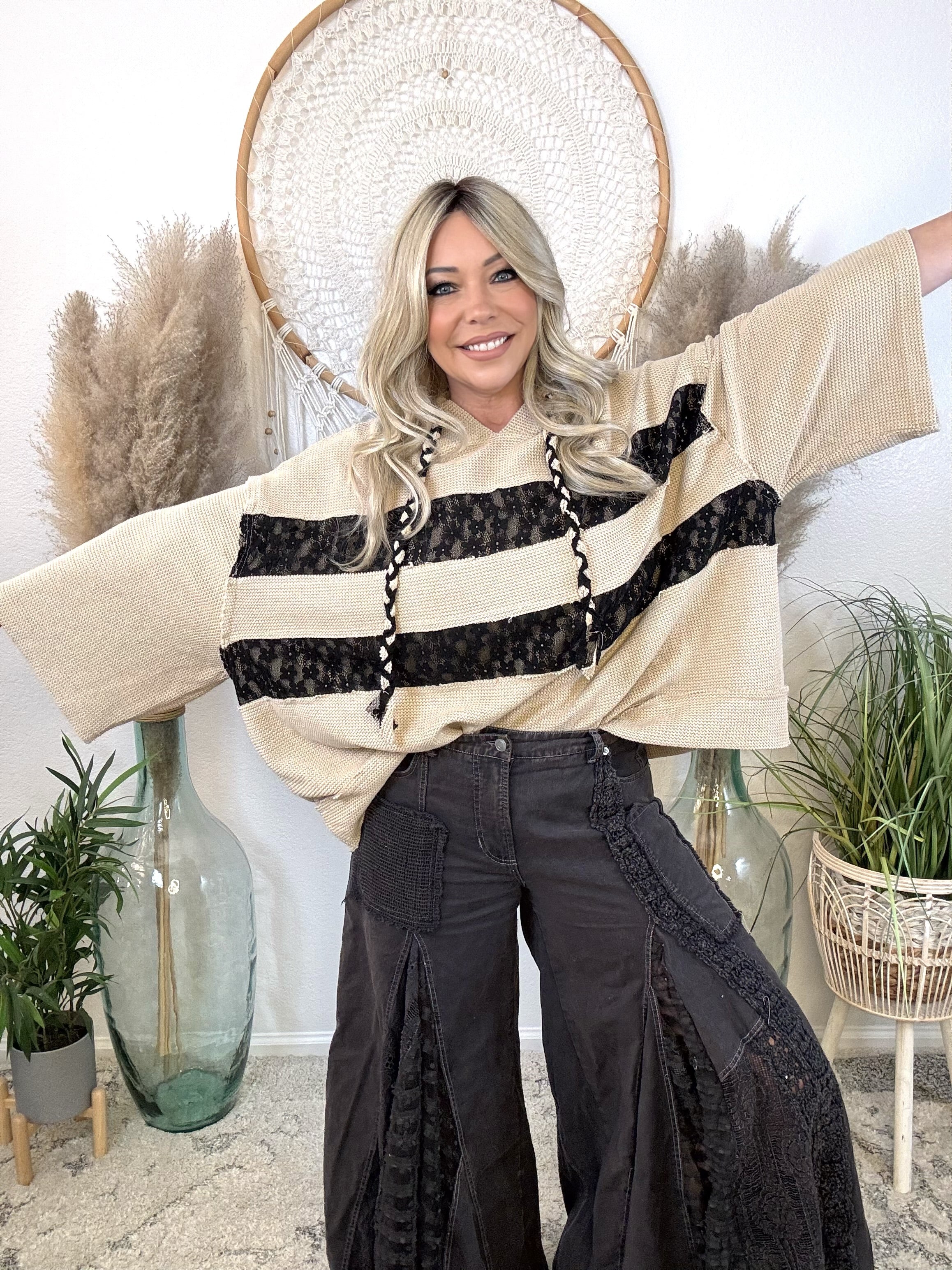 Moonlit Lace Waffle Knit Hoodie