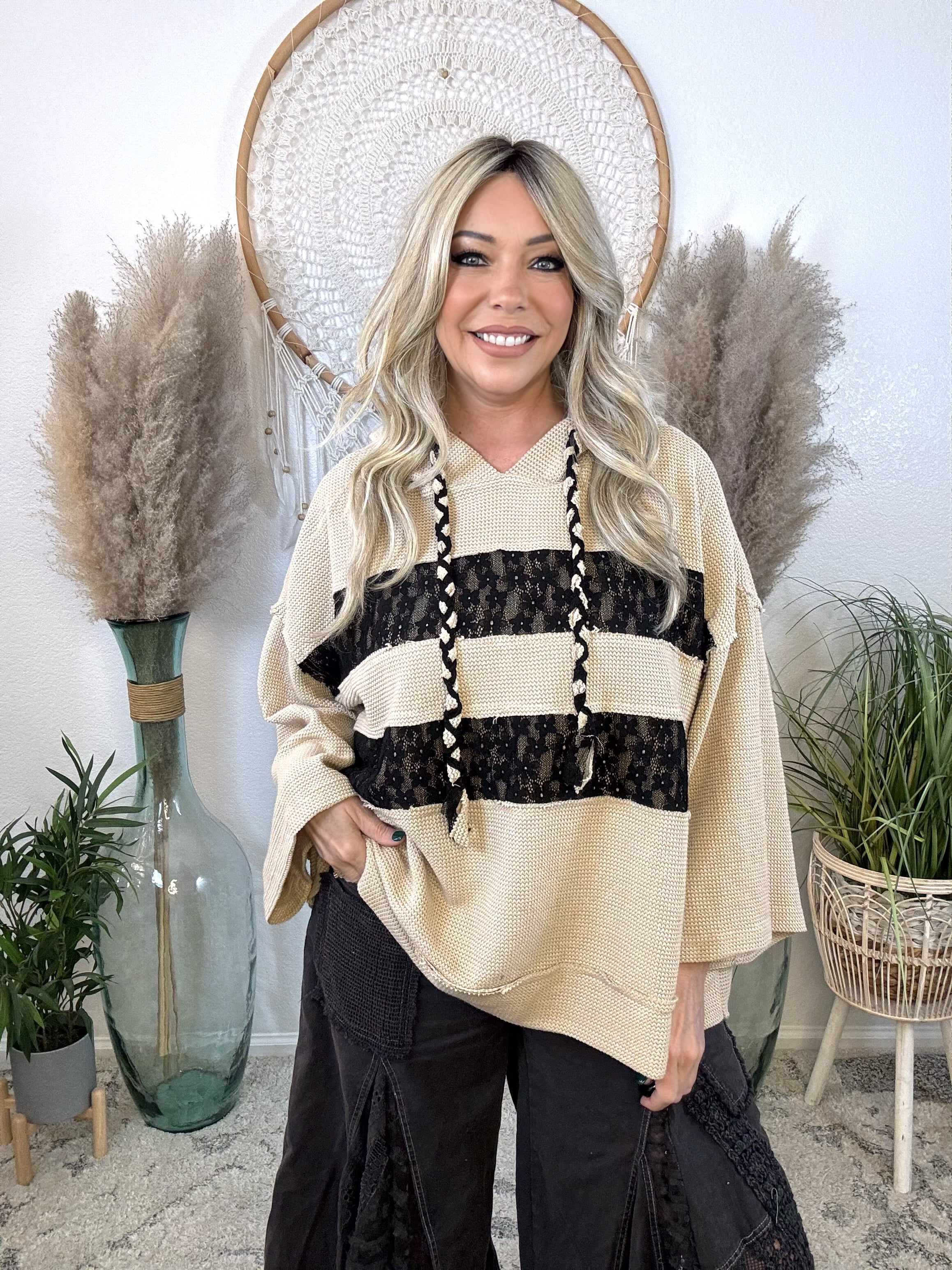 Moonlit Lace Waffle Knit Hoodie