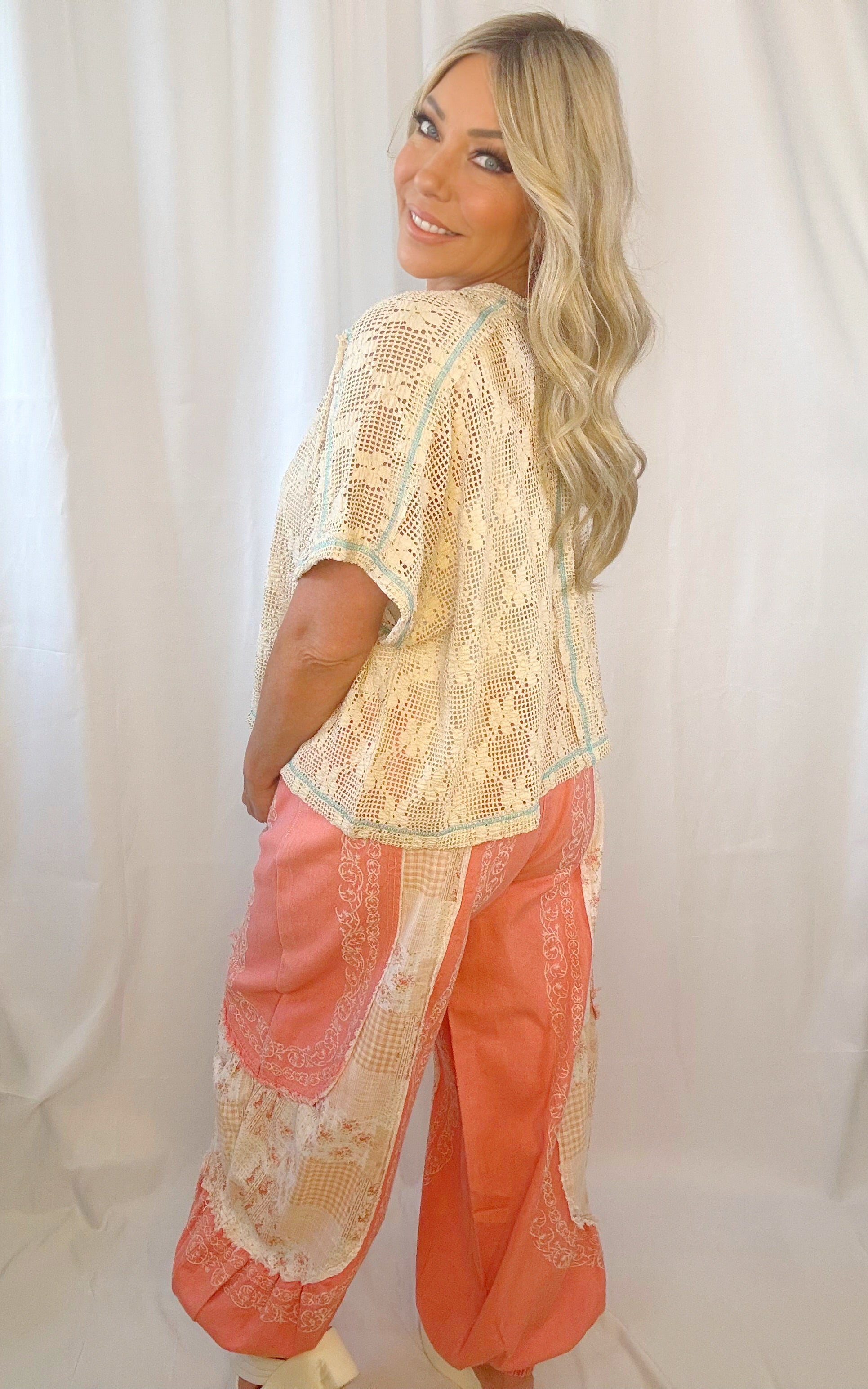 Petal Lace Open Knit Top-Natural