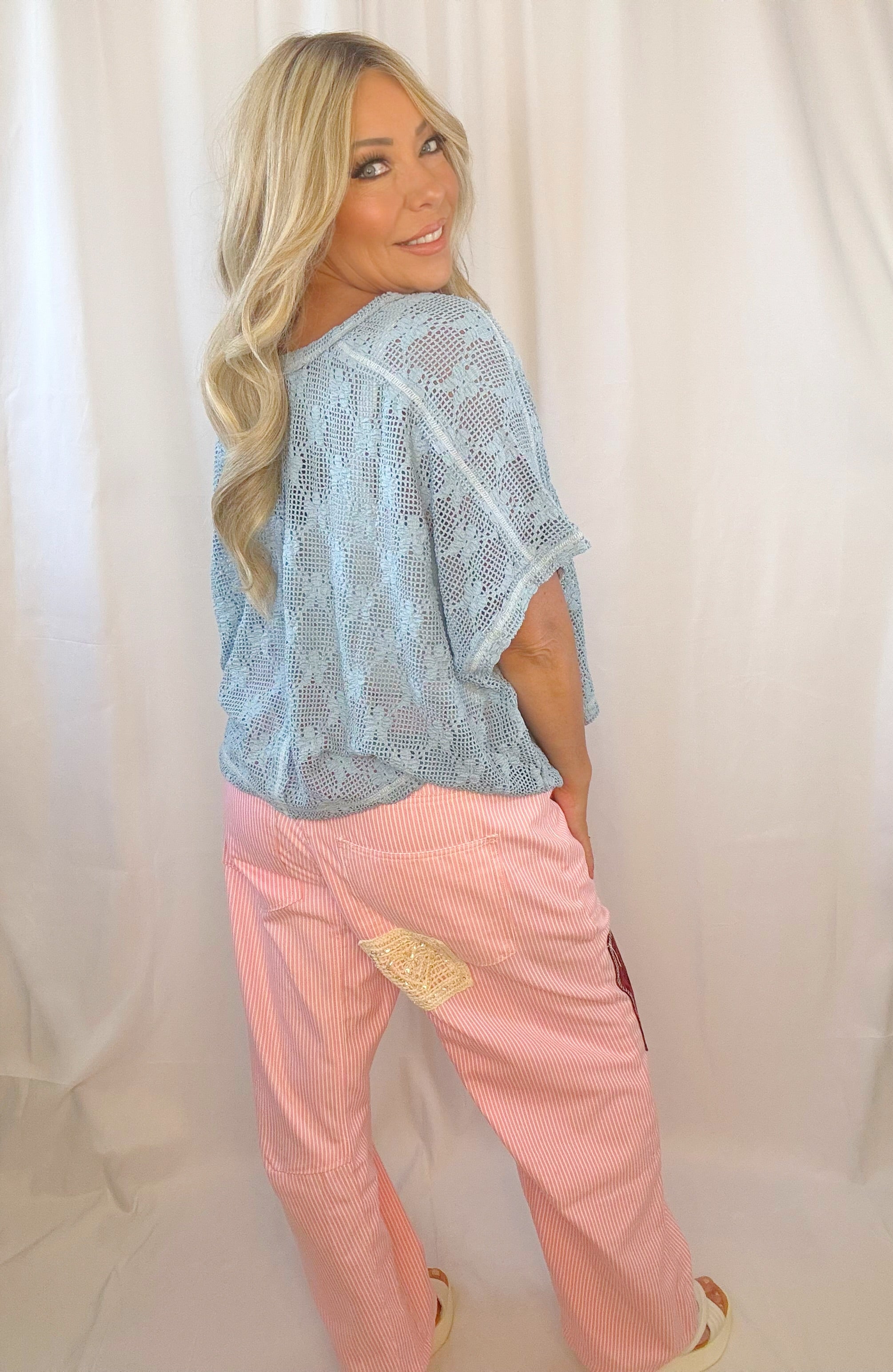 Petal Lace Open Knit Top-Cornflower Blue