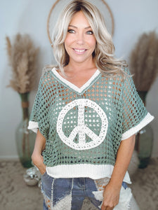 Peace Oasis Crochet Sweater-Sage