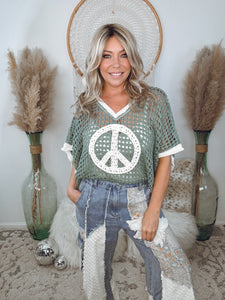 Peace Oasis Crochet Sweater-Sage