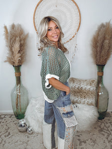 Peace Oasis Crochet Sweater-Sage