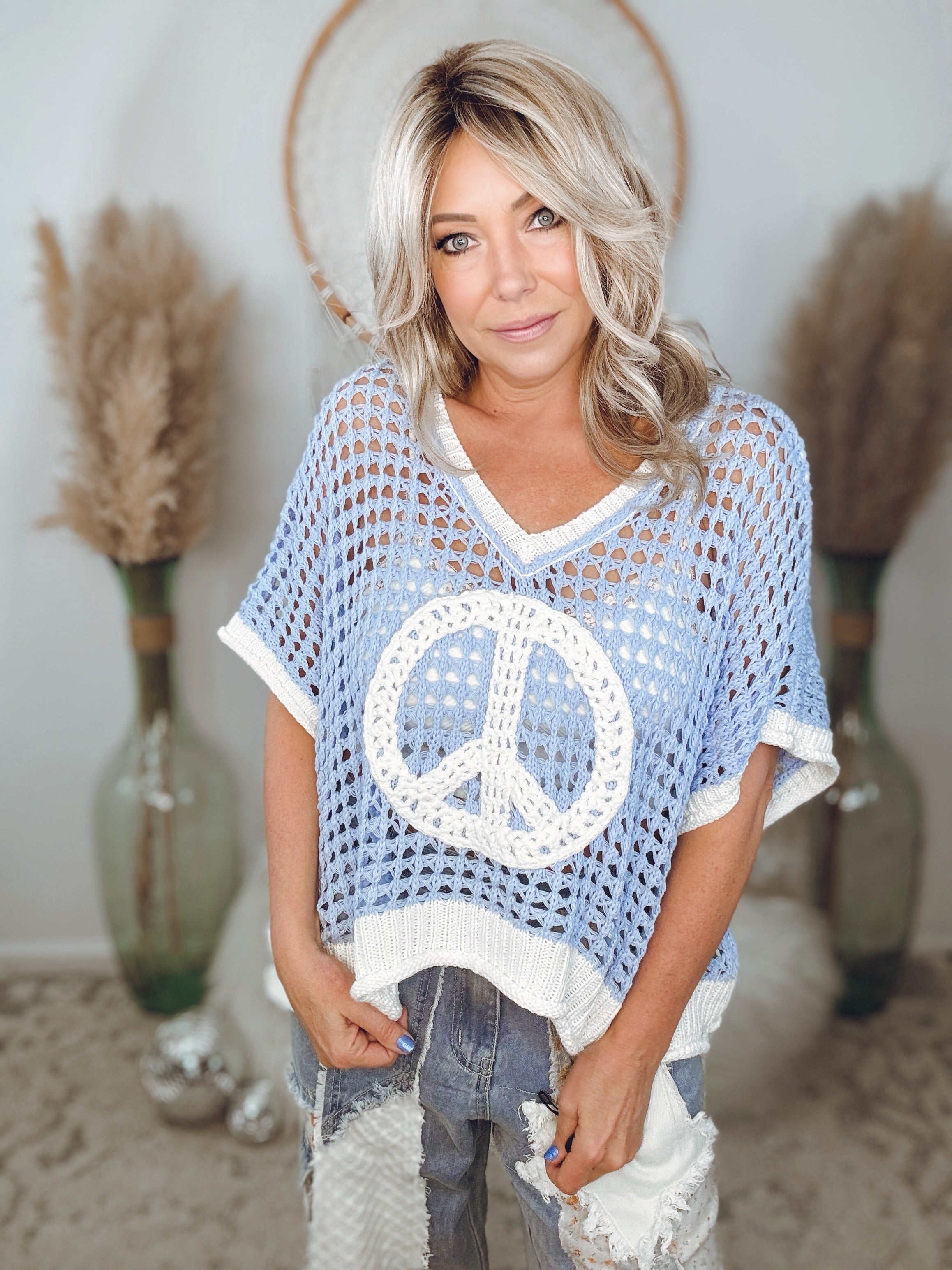 Peace Oasis Crochet Sweater-Sky Blue