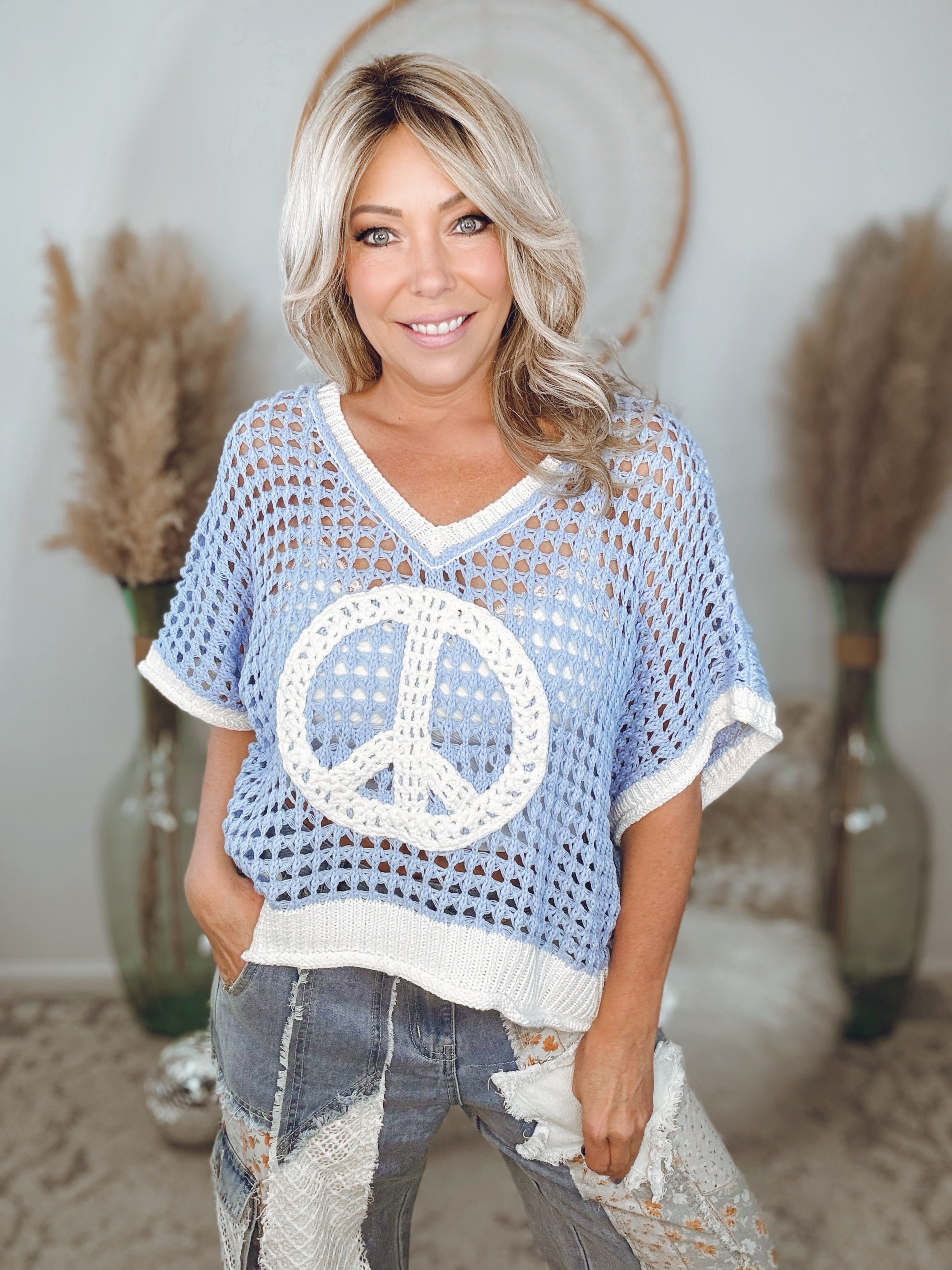 Peace Oasis Crochet Sweater-Sky Blue