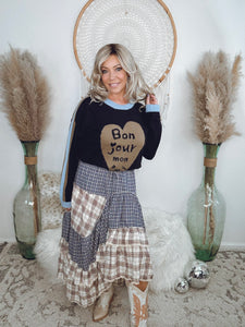 Soft Life Plaid Maxi Skirt-Navy