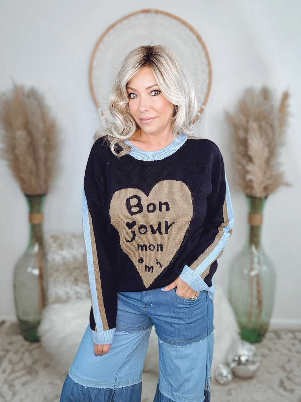 Bon Jour Mon Ami Sweater-Navy
