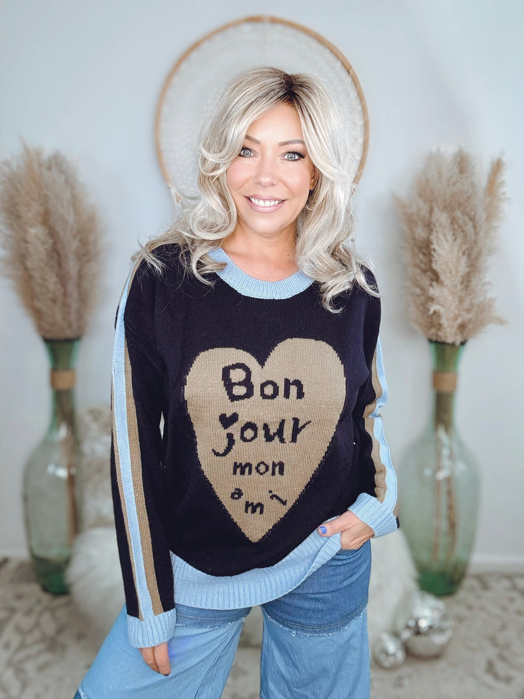 Bon Jour Mon Ami Sweater-Navy