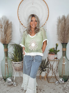 Wild Daisy Crochet Sweater-Lime