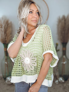 Wild Daisy Crochet Sweater-Lime