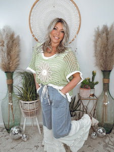 Wild Daisy Crochet Sweater-Lime