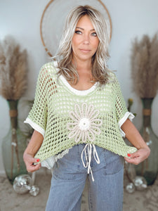 Wild Daisy Crochet Sweater-Lime