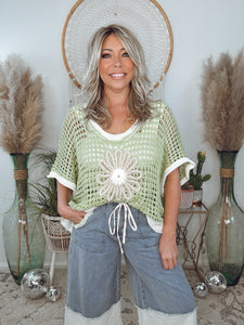 Wild Daisy Crochet Sweater-Lime