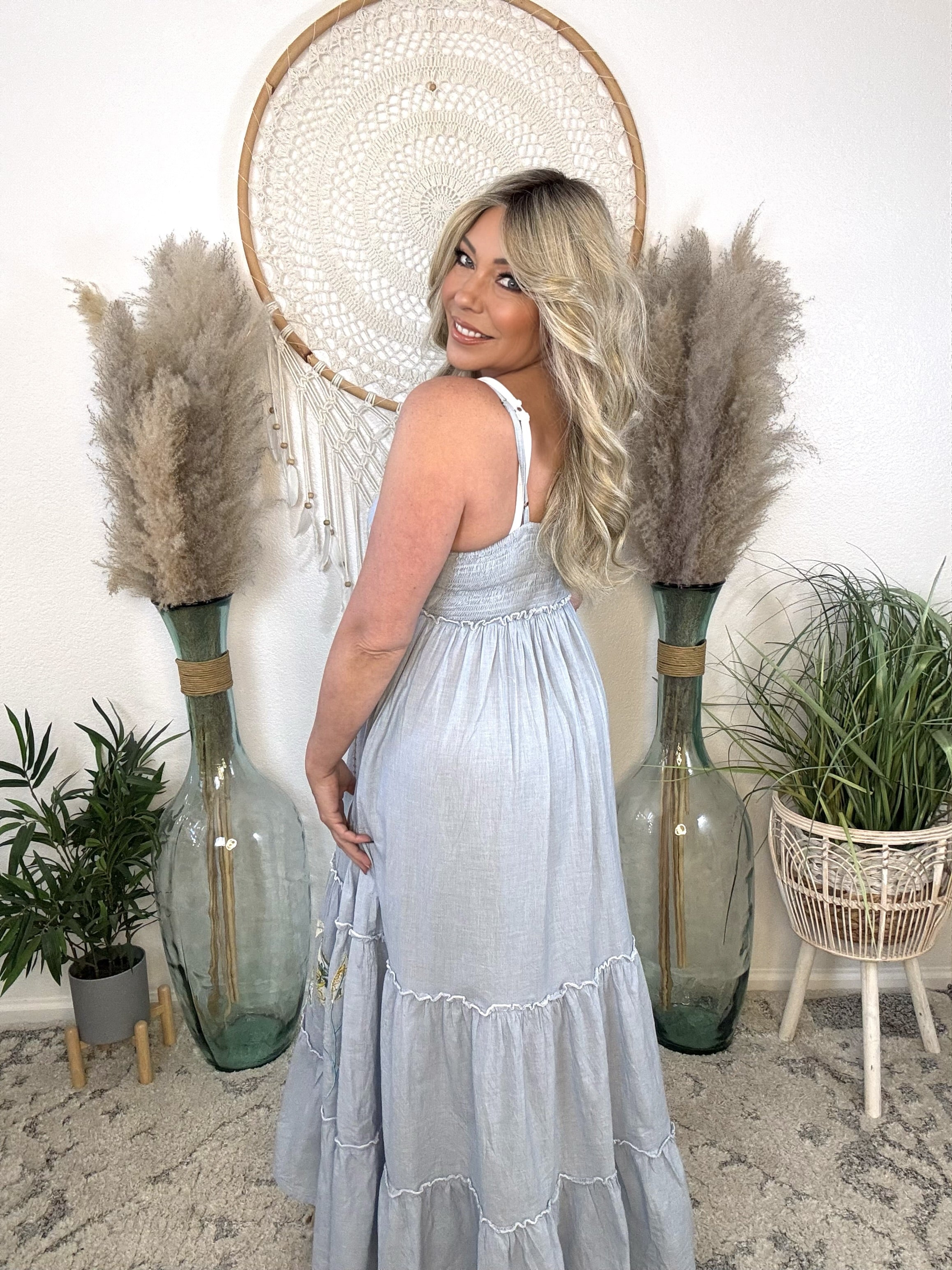 Azure Skies Embroidered Maxi Dress