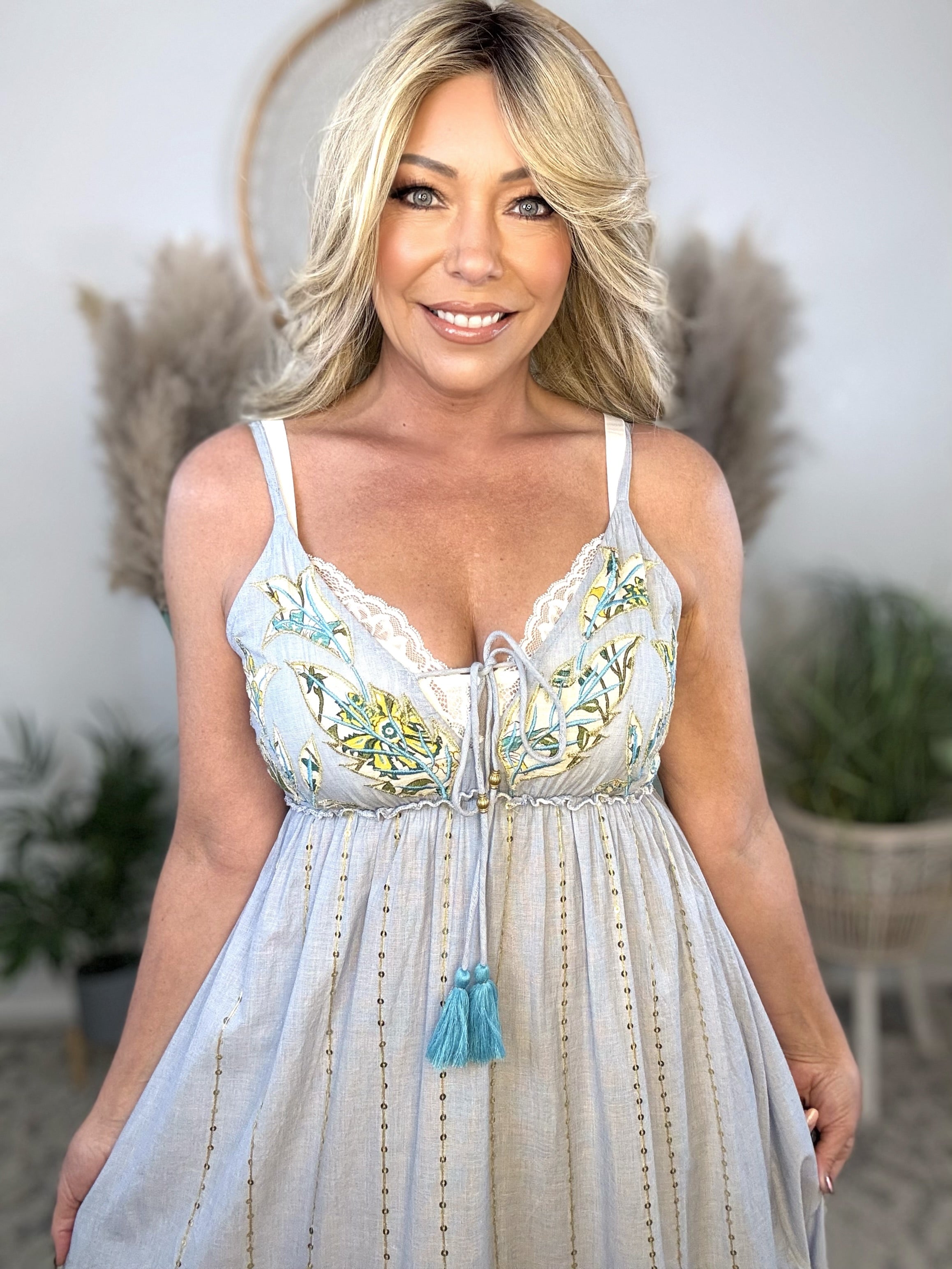 Azure Skies Embroidered Maxi Dress