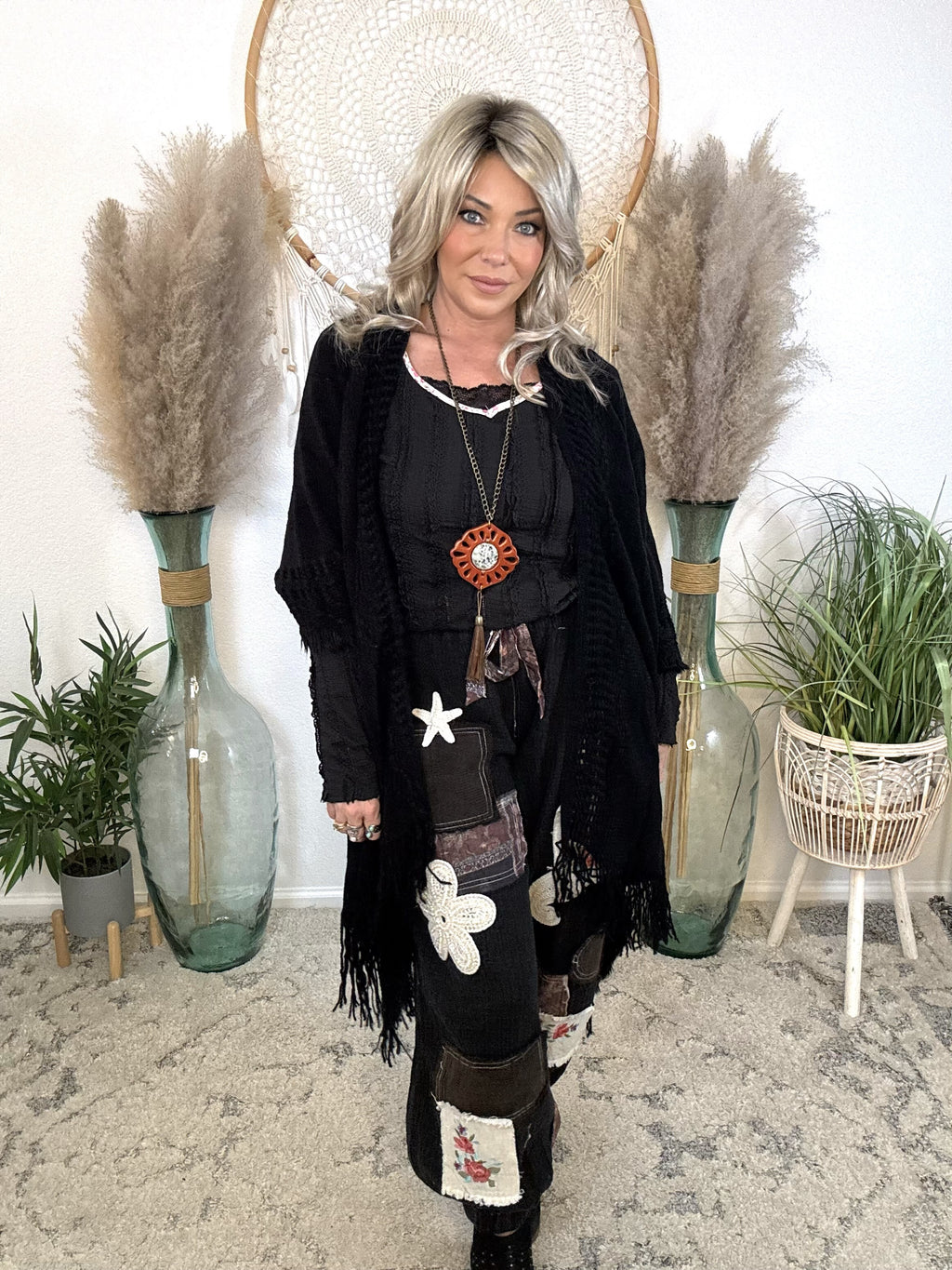 Frayed Heart Knit Kimono-Black